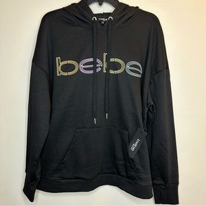 NWT Bebe Women’s Colorful Logo Hooded Black Sweatshirt  1X MSRP $94